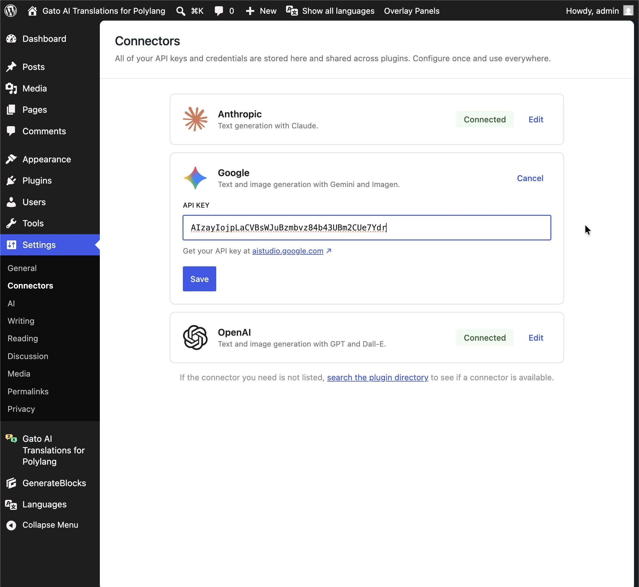Anthropic、Google、OpenAIのAPIキーはWordPress AI Connectorsから取得されます