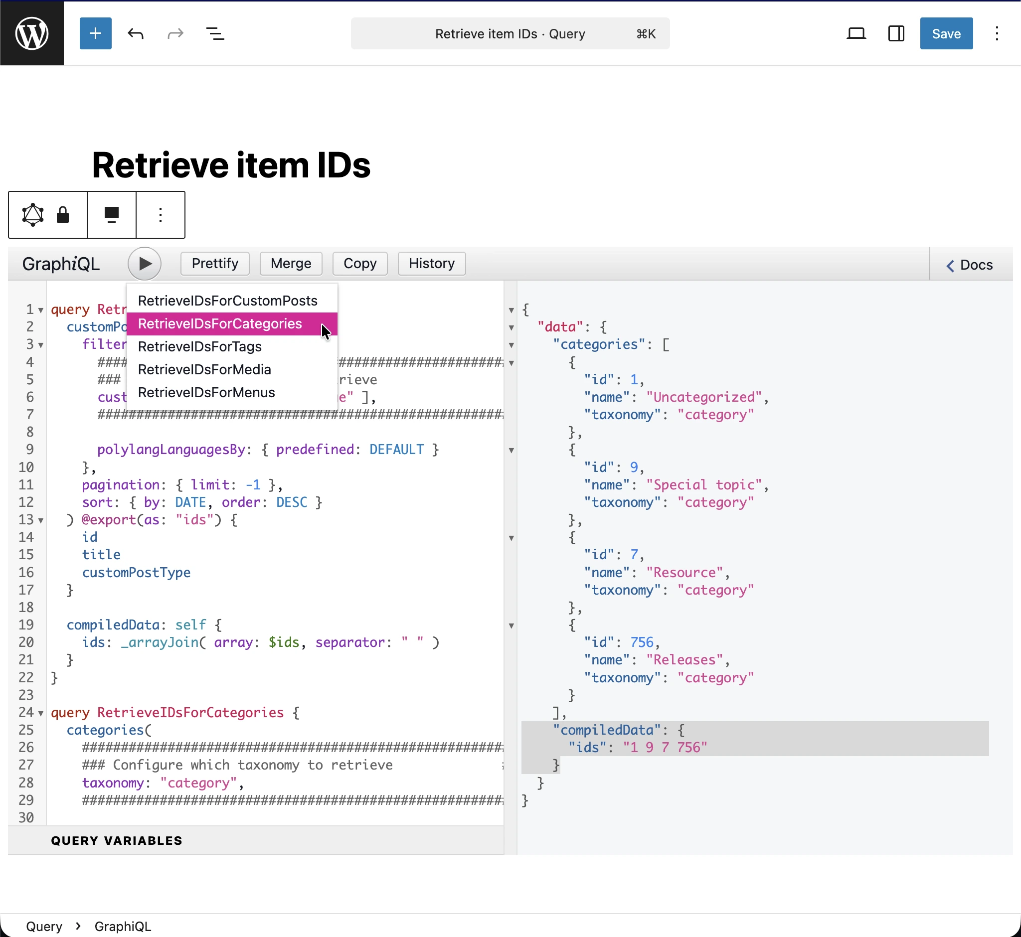'Retrieve item IDs' クエリを実行している様子
