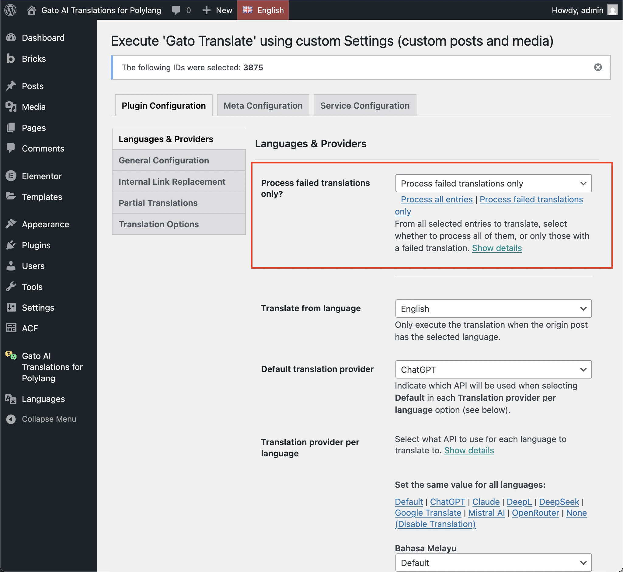「Gato Translate (Custom)」設定ページで「Process failed translations only」オプションを選択している