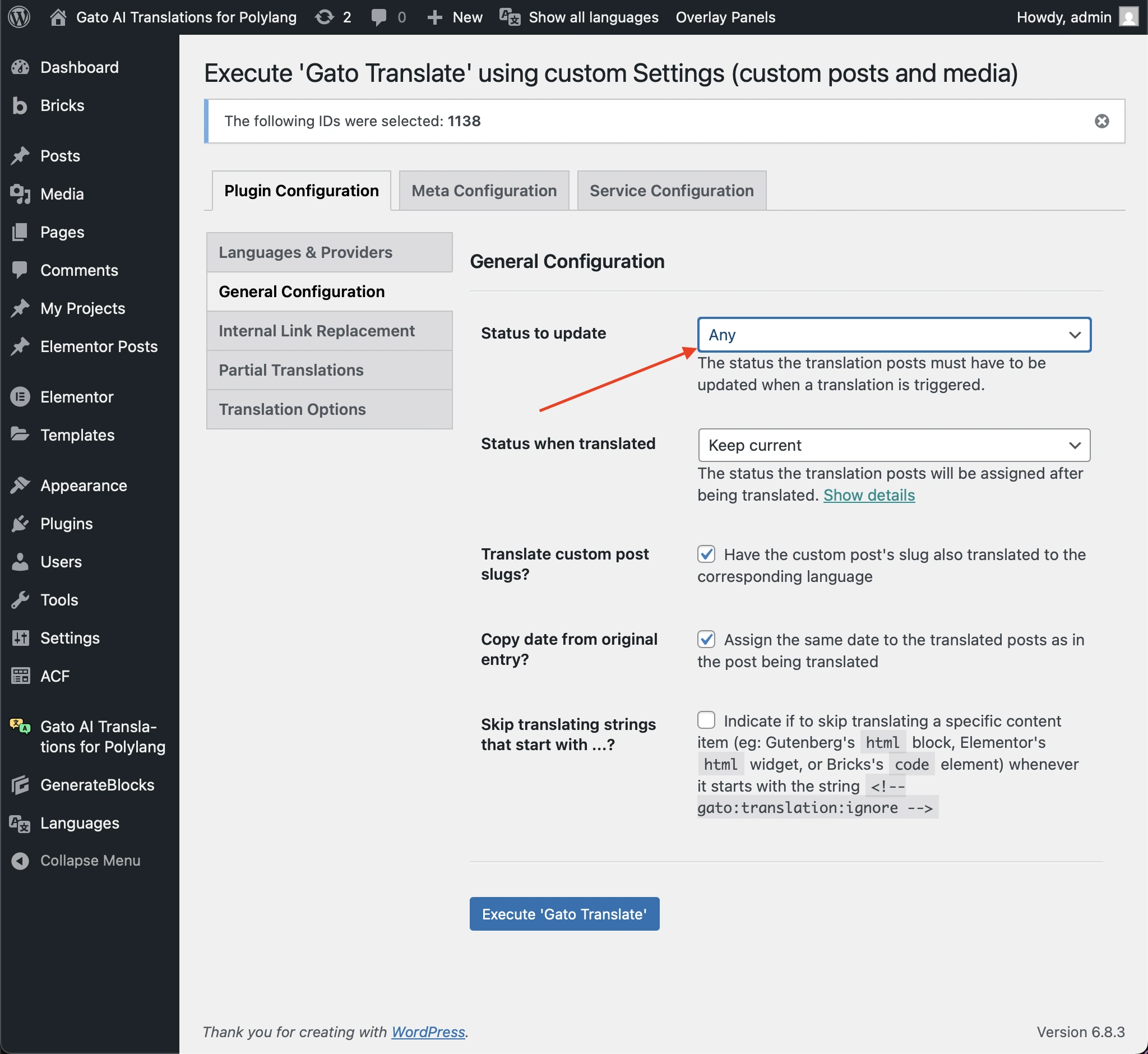 「Status to update」オプションを「Publish」または「Any」に設定する