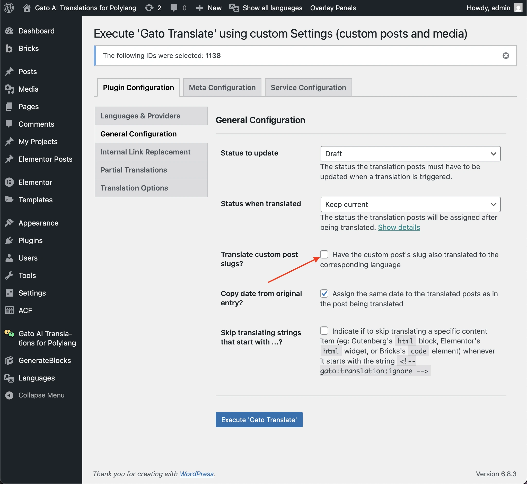 「Translate custom post slugs?」オプションのチェックを外している