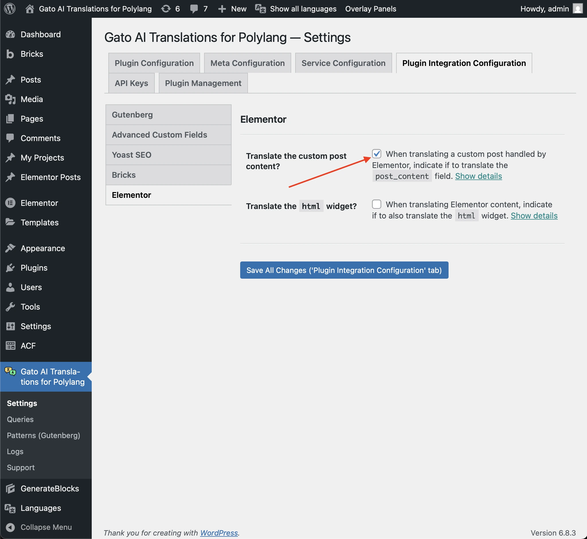 Elementorの「Translate content」オプションの設定