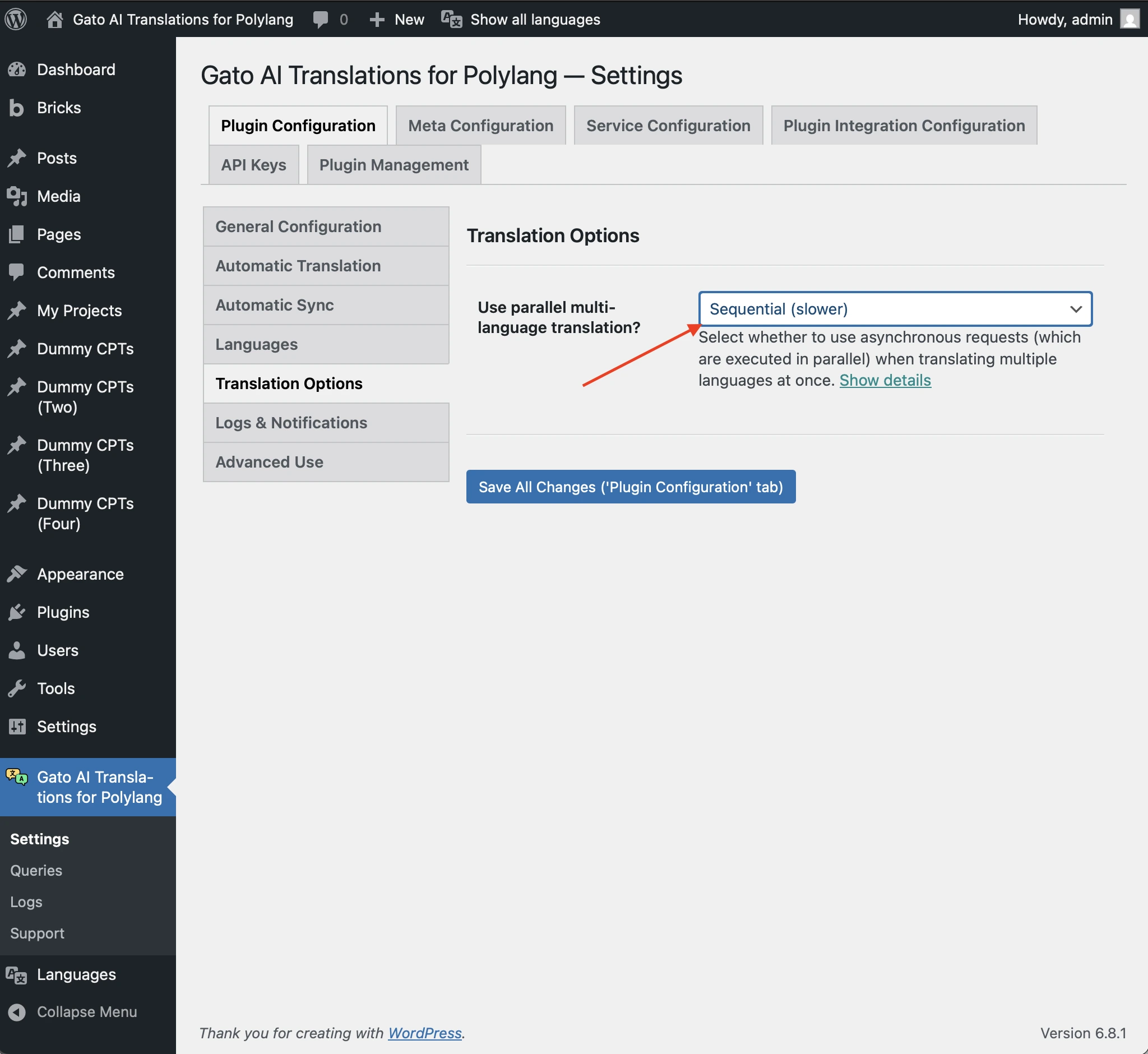 「Use parallel multi-language translation?」オプションを「Sequential (slower)」に設定する