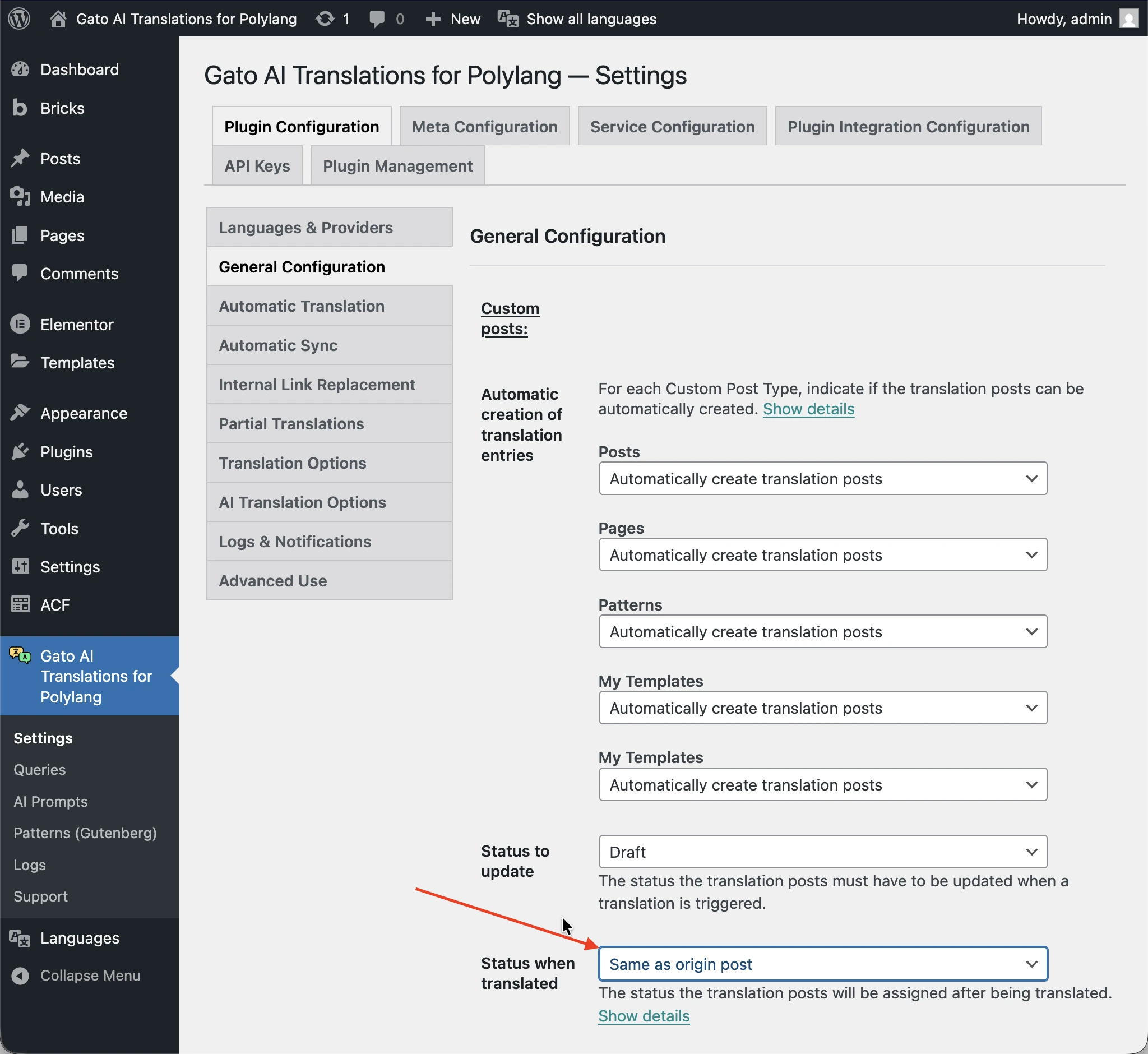 'Status when translated'オプションを'Publish'または'Same as origin post'に設定