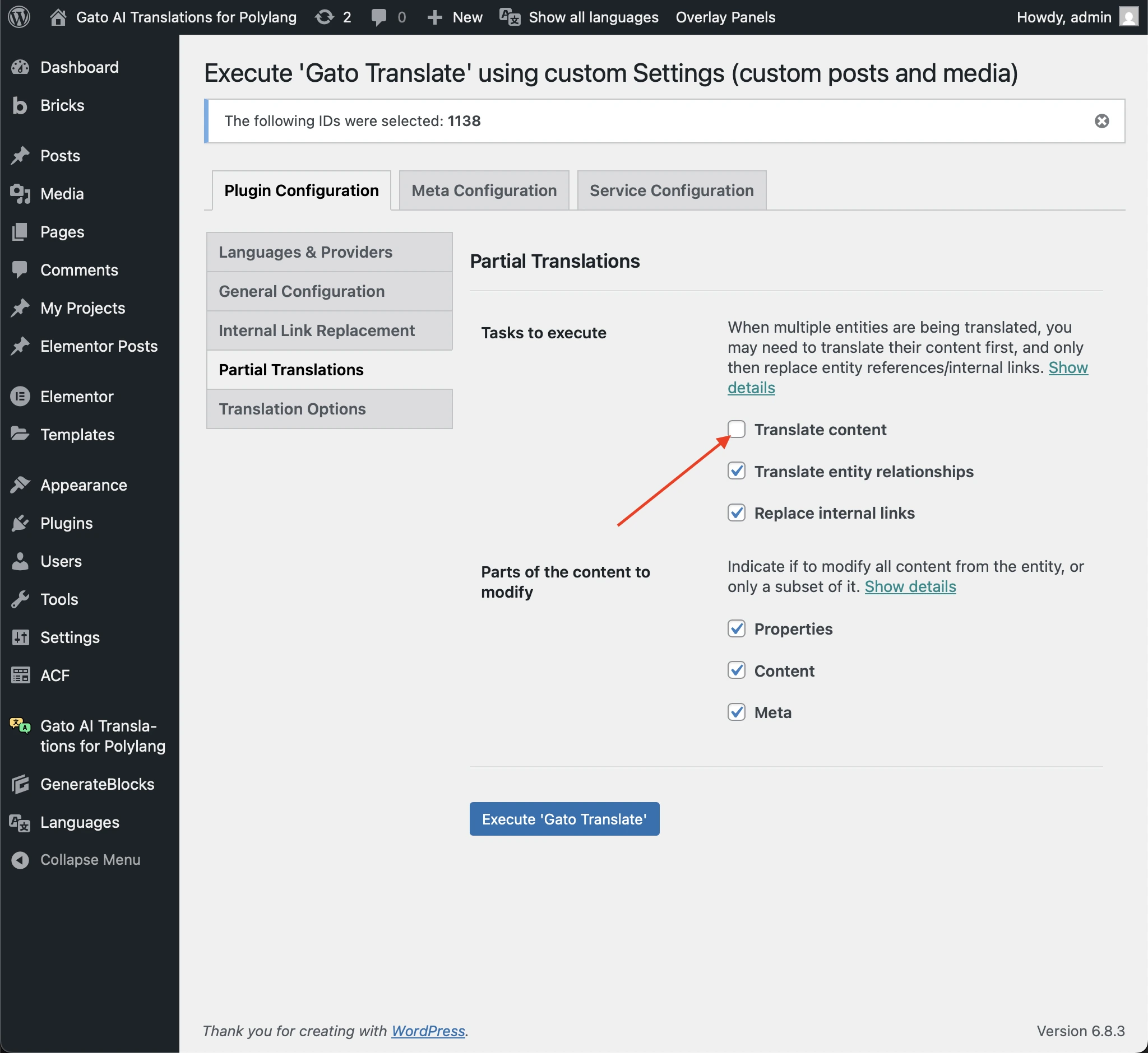 「Translate content」オプションを無効にする