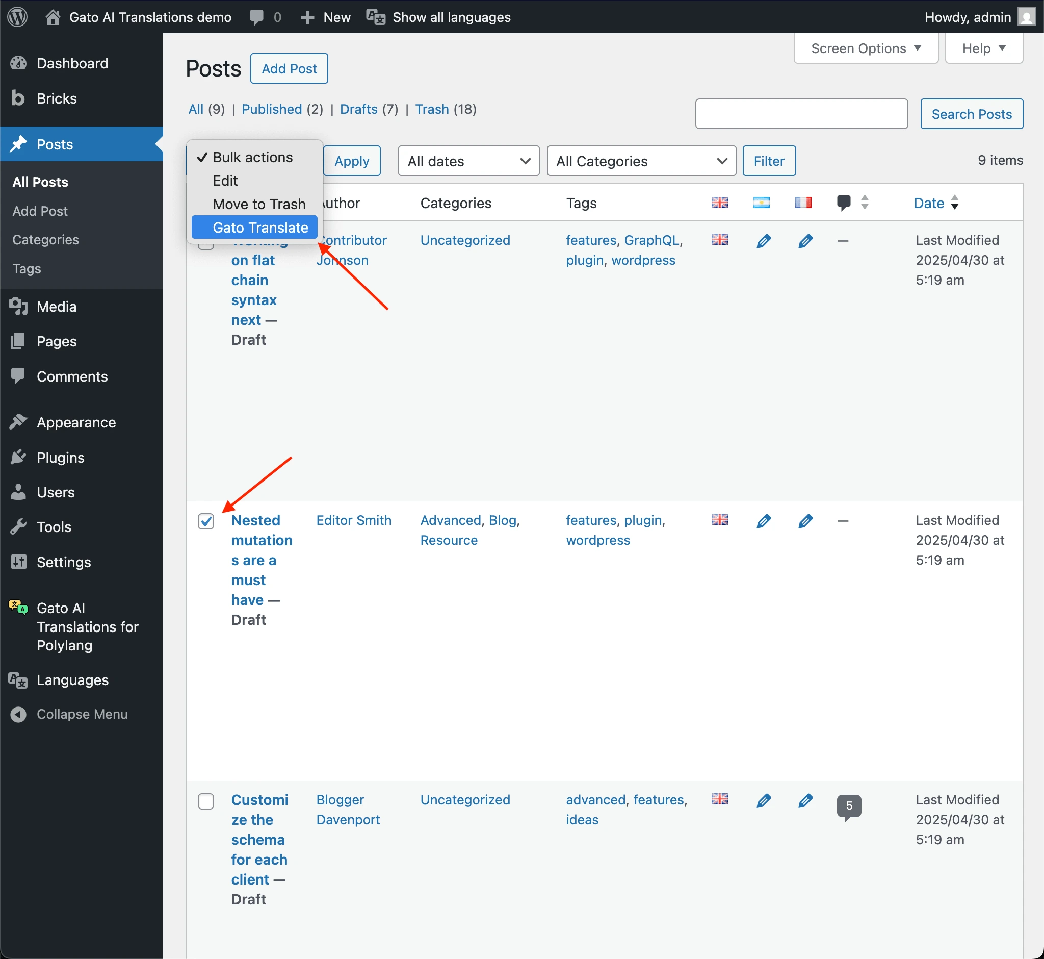 Bulk Actions → Gato Translate で複数の投稿をまとめて翻訳する
