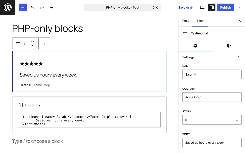 PHPのみで作成されたWordPressカスタムブロックの例