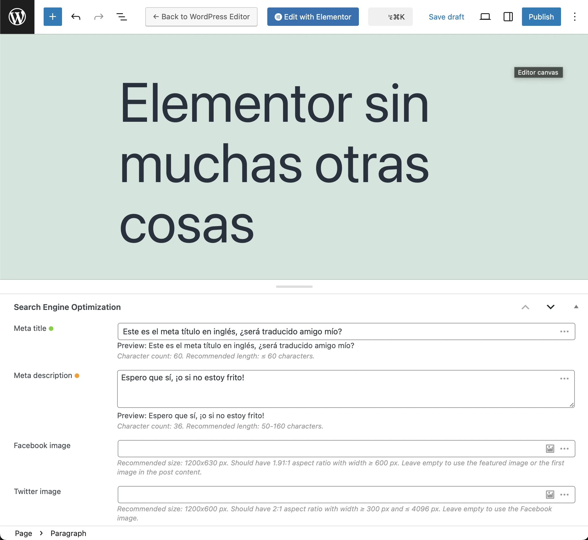 Slim SEOメタが翻訳されたスペイン語への翻訳ページ